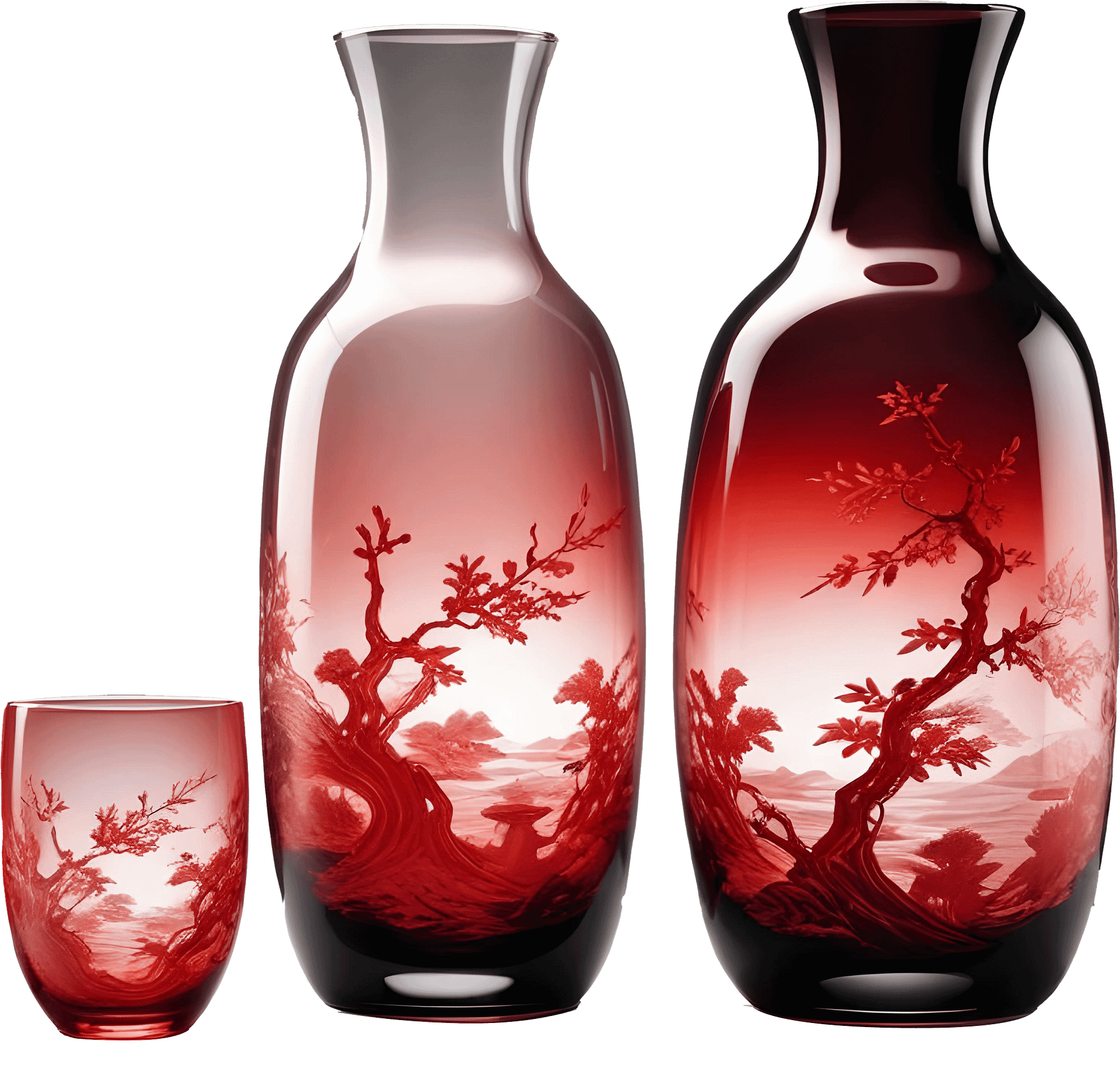 Chinese Glass Vase Set – Crimson Landscape Elegance PNG product image (1)