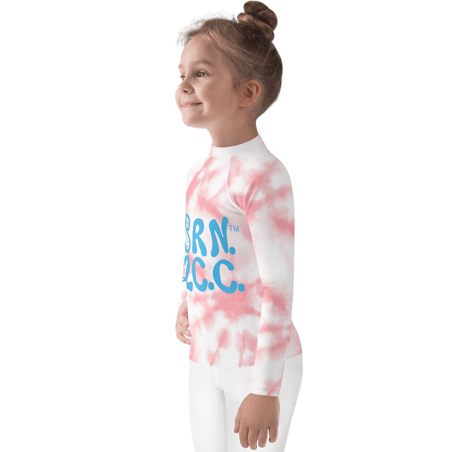 Girls' | Little KIDS | Rash Guard | BRN.2C.C.™ Front Print | BOURNE to Cape Cod™ Back & Sleeve Logo | Coastal UV Shirt for Active Kids | Slim Fit Swim Top | Blue Logo on Pink Tie-Dye product image (3)