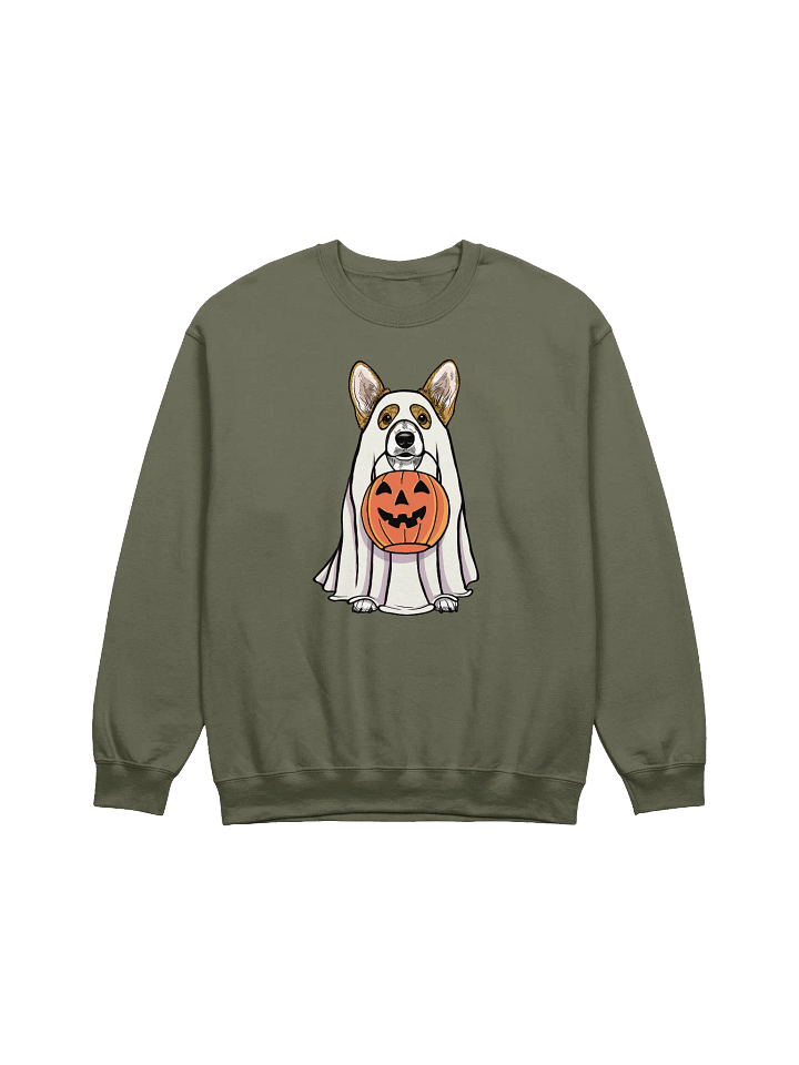 Funny Halloween Pembroke Welsh Corgi Sweatshirt | Funny Corgi Wearing a Ghost Costume and Holding a Pumpkin Basket product image (1)
