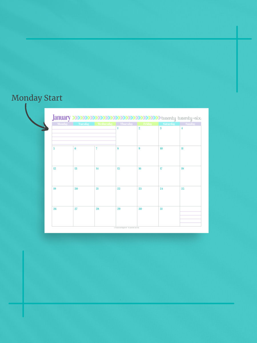 Pretty in Pastel 2026 Calendar - Single Page per Month, Monday Start, Letter Size product image (2)