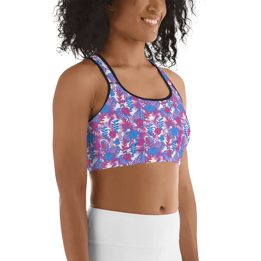 sports bra in blue and pink colors tropical leaves design. Perfect for holiday vibes product image (11)