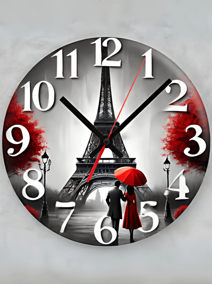Round Wall Clock PNG – Romantic Paris Eiffel Tower Painting Design – Elegant Love Theme for Sublimation – High-Quality Instant Download (300 DPI) product image (1)