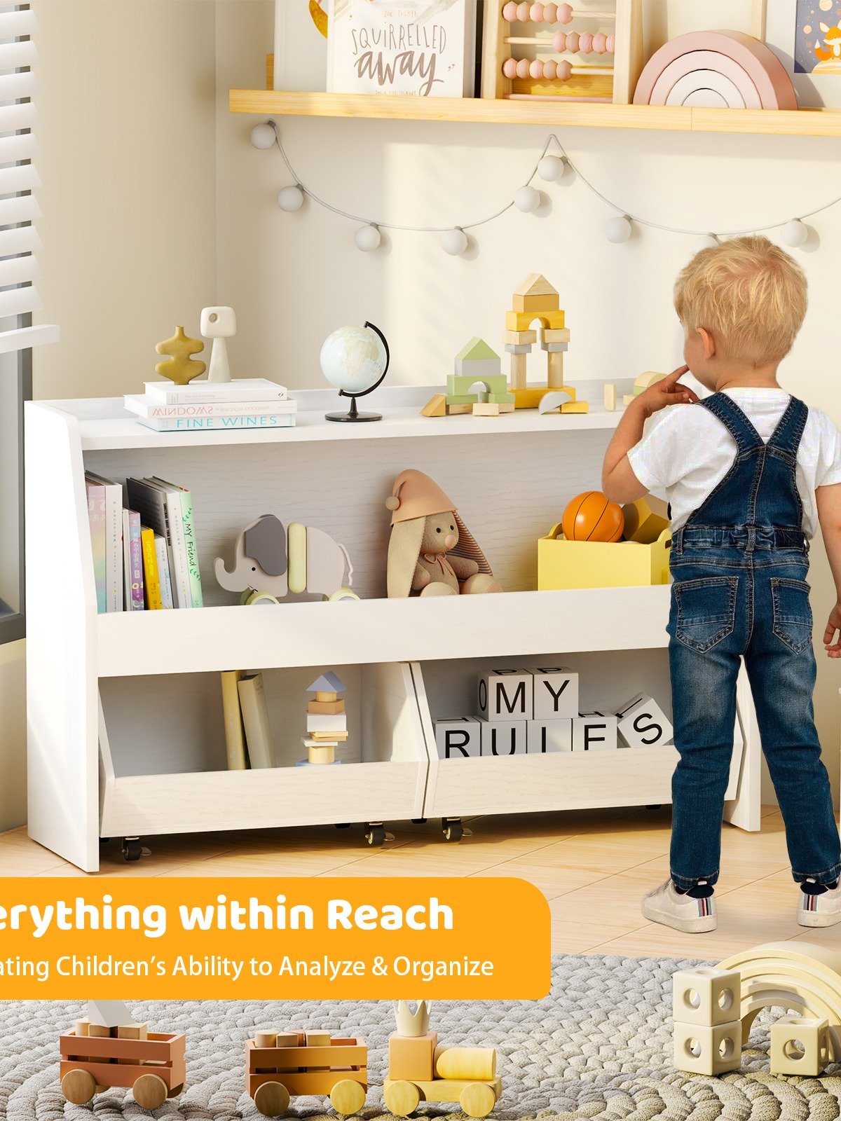 2-Tier Portable Toy Storage, Kids Toy Organizer W/2 Removable Bins with 4 Wheels（White) product image (4)