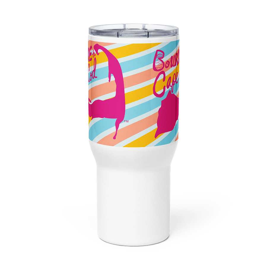 BOURNE to Cape Cod™ | Allcolor 267 | Stainless Steel Travel Mug with Handle | Insulated, Spill-Proof, Coastal Adventure Style | Pink Logo on Bright Stripes product image (3)