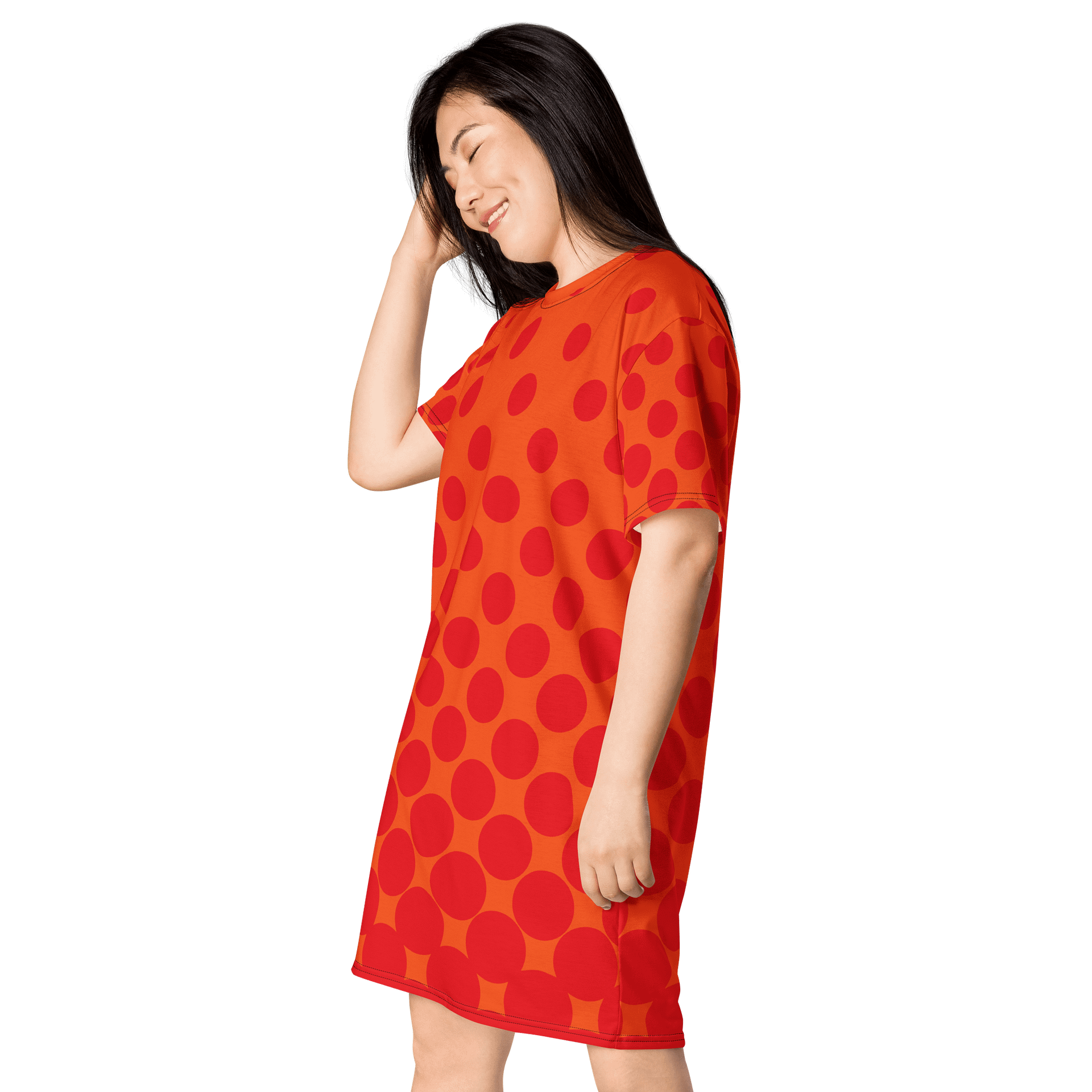 Trendy Oversized T-Shirt Dress with Exclusive Orange Polka Dot Design - TDSMUSIC.com product image (3)