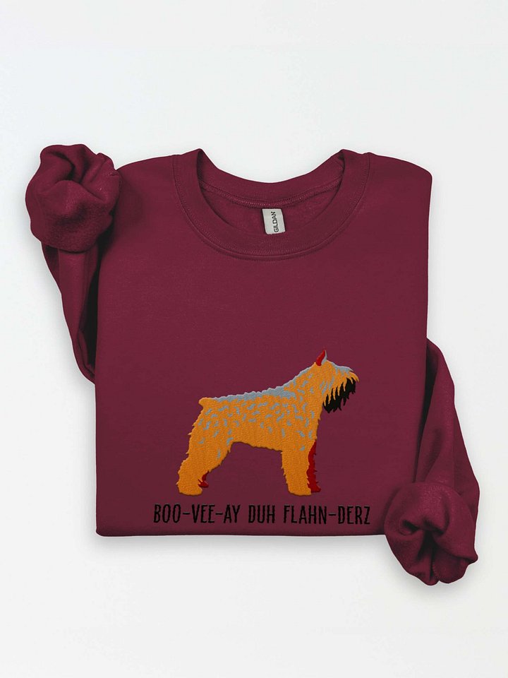 Boo-Vee-Ay Duh Flahn-Derz Sweatshirt (Embroidered) of a Bouvier Des Flandres(Tan, Cropped Ears) product image (1)