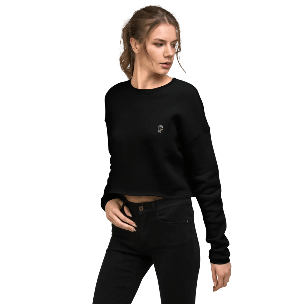 EXCLAIMING MENTALLY (L.C., B&W) embroidered fleece crop crew product image (13)