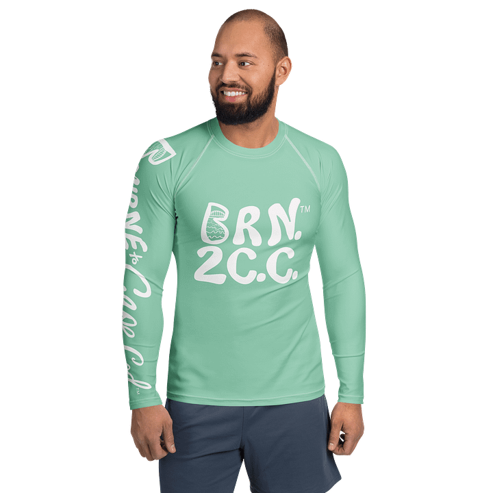BRN.2C.C.™ /BOURNE to Cape Cod™ | Men’s Long Sleeve Rash Guard | UPF 50+ Active Coastal Shirt | White Logos on Vista Blue Green product image (1)