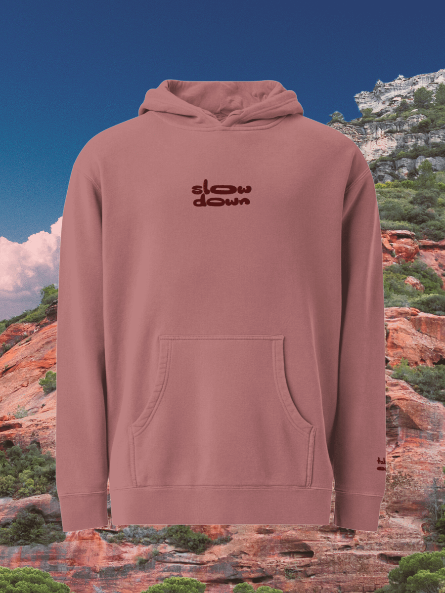 Burgundy Embroidered 'Slow Down' Pigment-Dyed Hoodie product image (1)