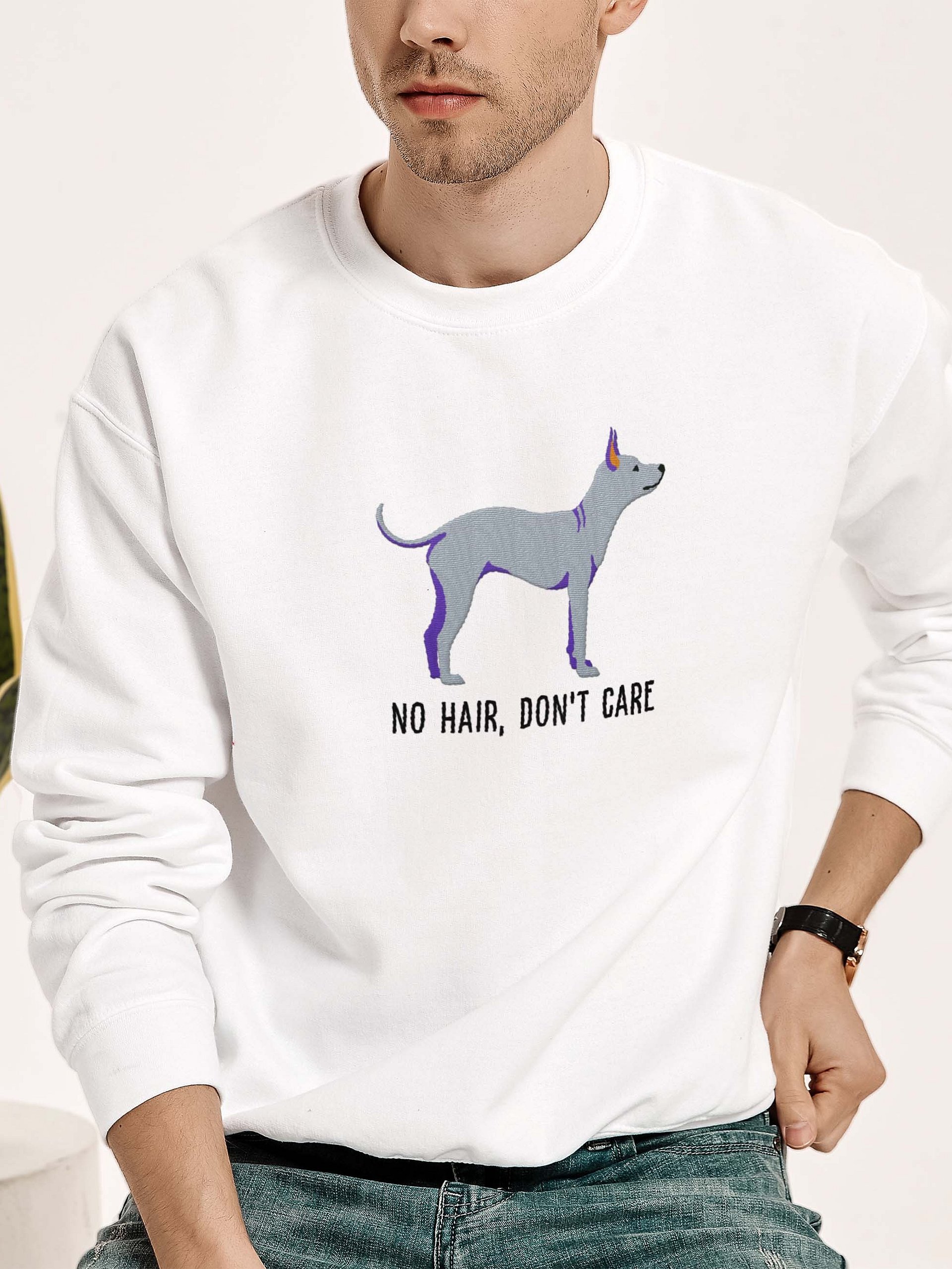 No Hair, Don't Care Sweatshirt (Embroidered) of an American Hairless Terrier(Blue) product image (2)