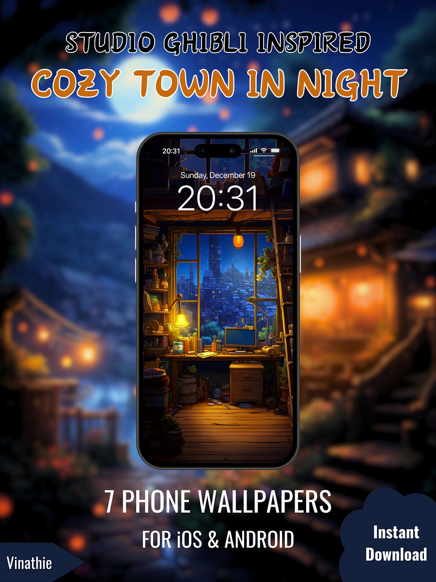 Cozy Town In Night | Studio Ghibli Inspired | Phone Wallpaper product image (5)