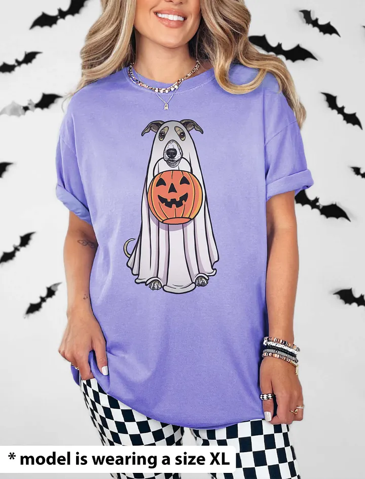 Funny Halloween Whippet(Fawn & White) T-Shirt | Funny Dog Wearing a Ghost Costume and Holding a Pumpkin Basket product image (24)