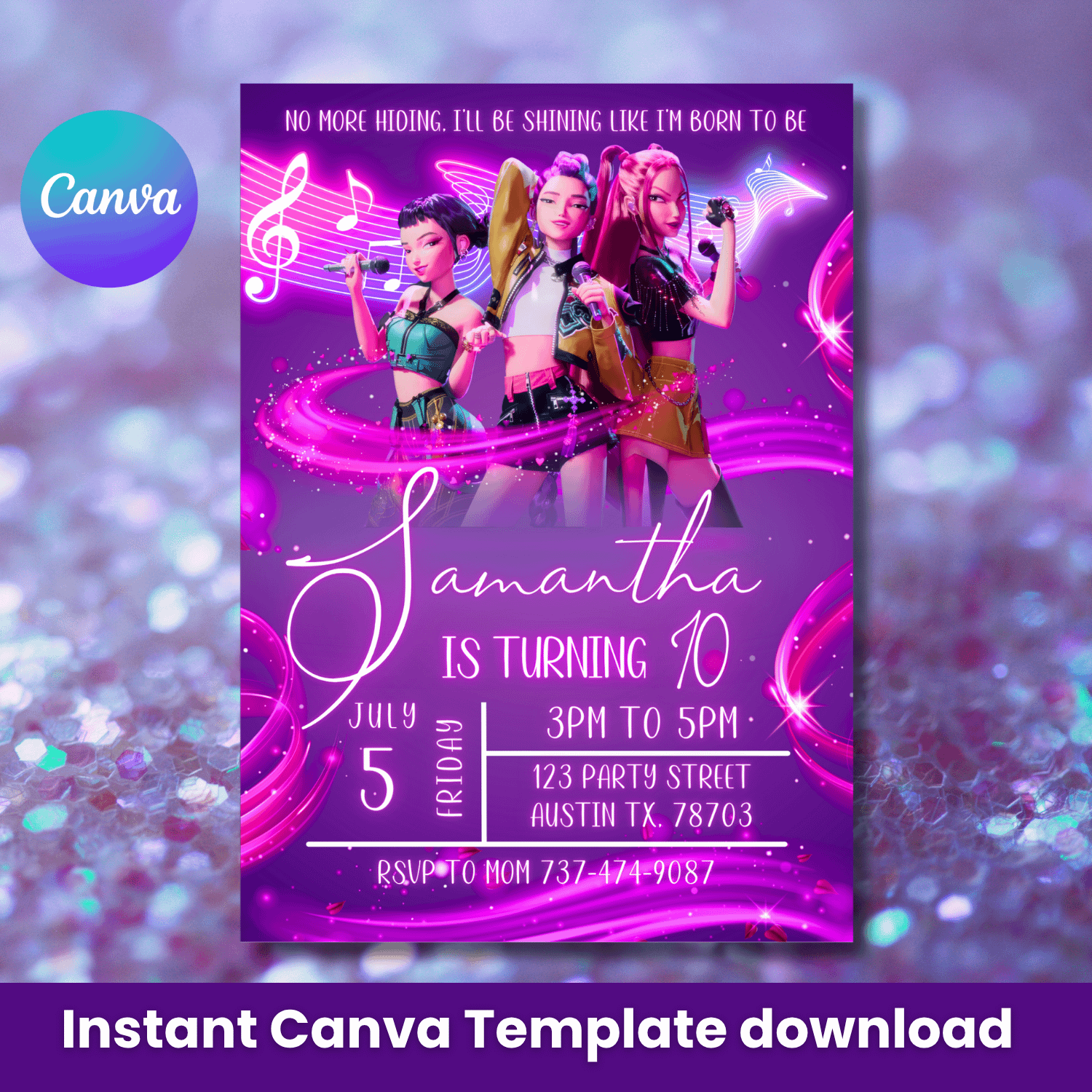K-Pop Demon Hunter Birthday Invitation – Neon Pink Concert Theme (Editable Canva Template) product image (1)