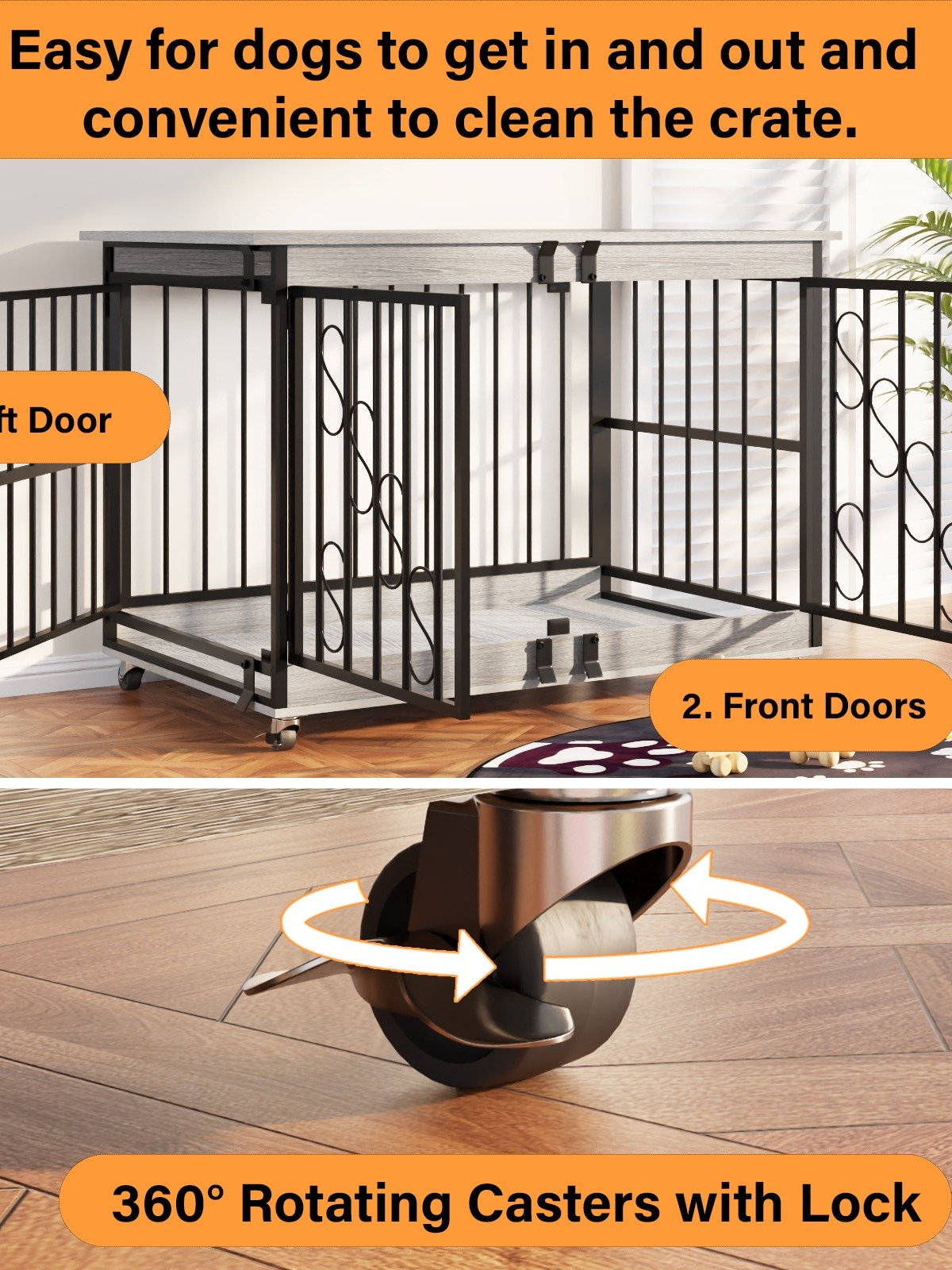 48 Inch Dog Cage Furniture for Extra Large Dog, Double-Doors Heavy Duty Dog Crate with 360° Caster Wheels, Dog Kennel Indoor Decorative Pet House Dog Cage Table, Gray product image (5)