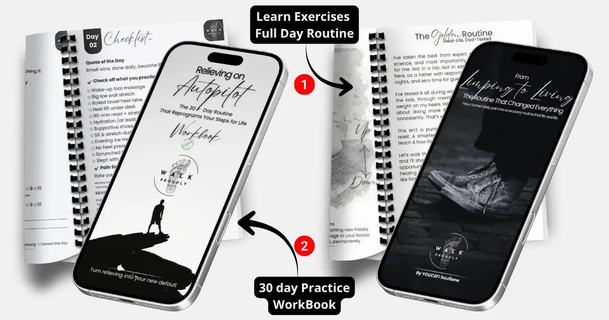 Mockup showing two smartphone screens displaying covers and interior pages of a '30 Day Practice Workbook' and 'The Golden Routine' eBook for relieving plantar fasciitis and heel pain. The digital product, available as a downloadable PDF or eBook, features a daily routine and checklist of exercises.