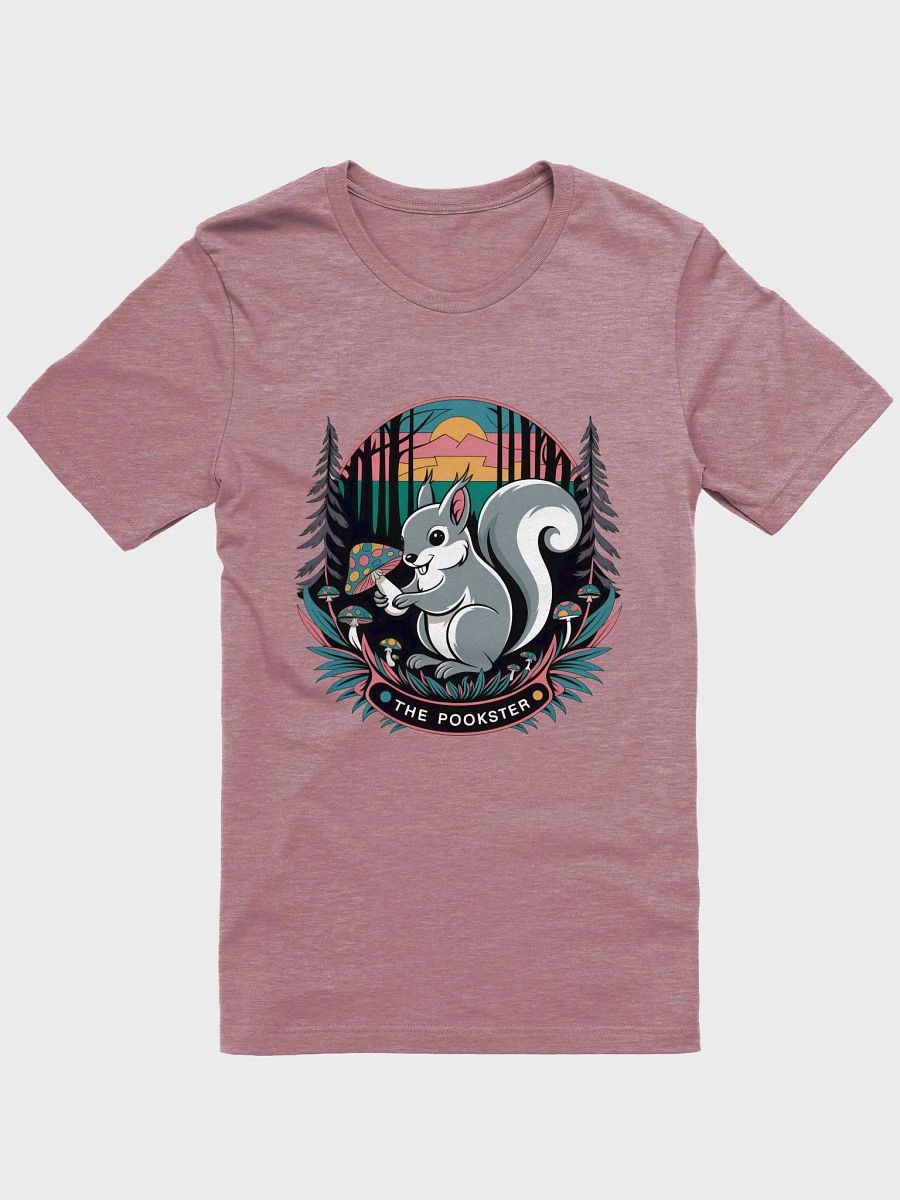 Supersoft and Flattering lightweight tee: Pookster in the woods with mushrooms and a sunset product image (1)