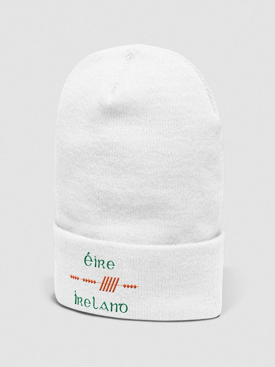 Ireland/Éire Scholastic style Ogham, White with Green and Orange, embroidered Cuffed Beanie product image (2)