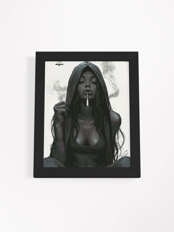 Hooded Goddess Smoke” Framed Poster – Black Woman Cannabis Art for Homes, Mancaves, Lounges & Dispensaries product image (1)