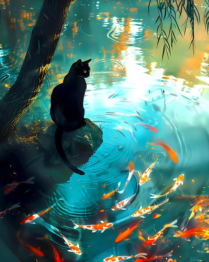 Black Cat Sits by a Koi Pond Matte Poster product image (1)