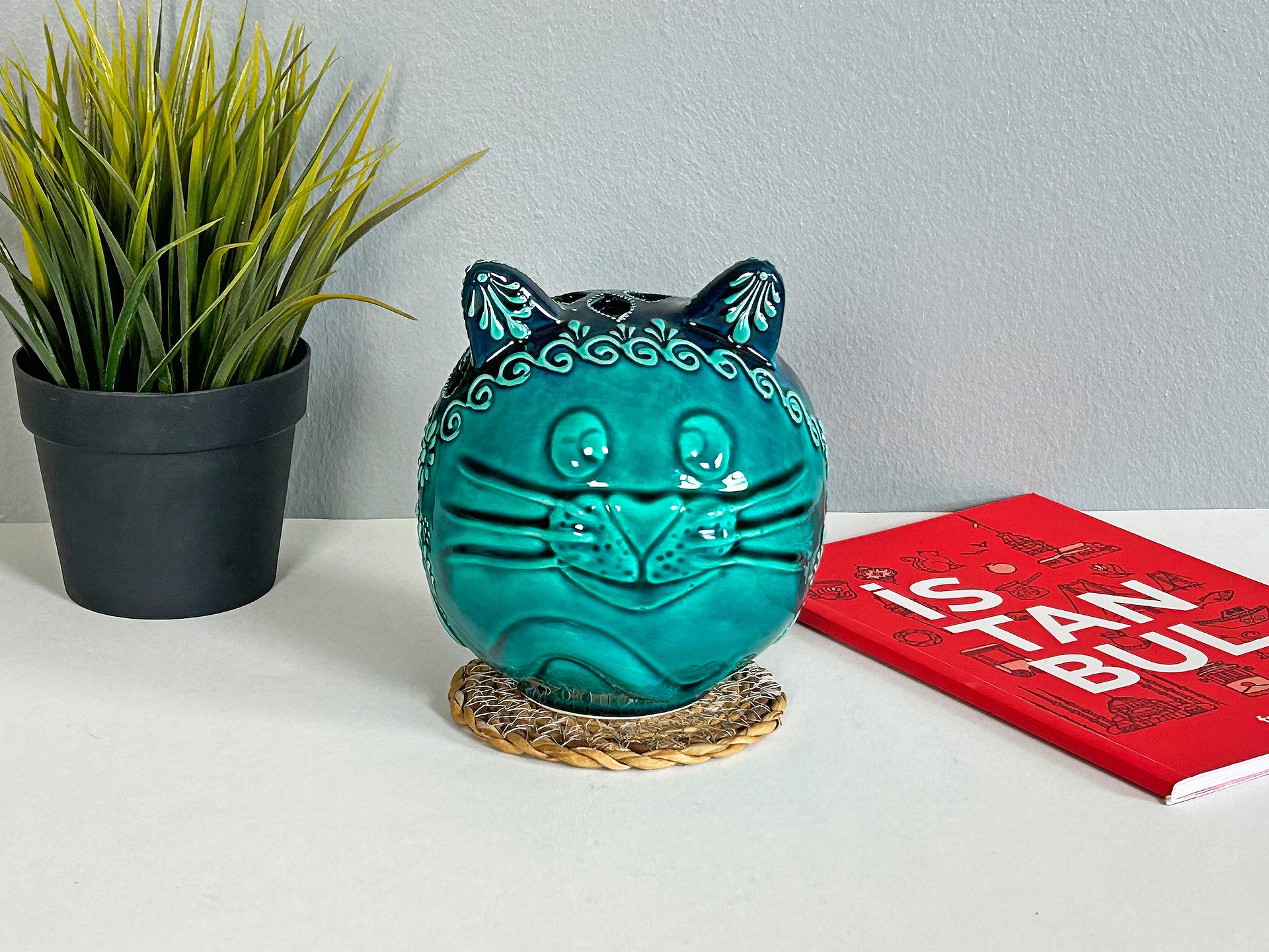 Ceramic cat, Turkish Totoro, turquoise candle holder — handmade pottery, handmade ceramic, home decor, handmade gift, Turkish ceramic product image (4)