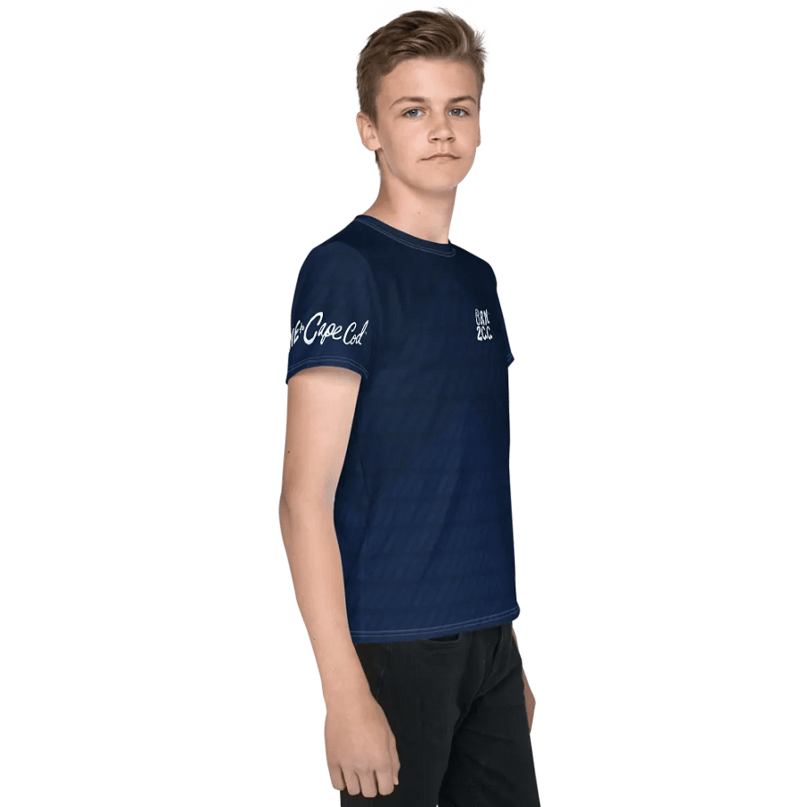 🦈 YOUTH | Boys’ | BOURNE to Cape Cod™ | Logo Tee – All-Over Print | BRN.2C.C.™ | Coastal Explorer Edition 🧭| White Logo on Dark Blue Abstract product image (4)