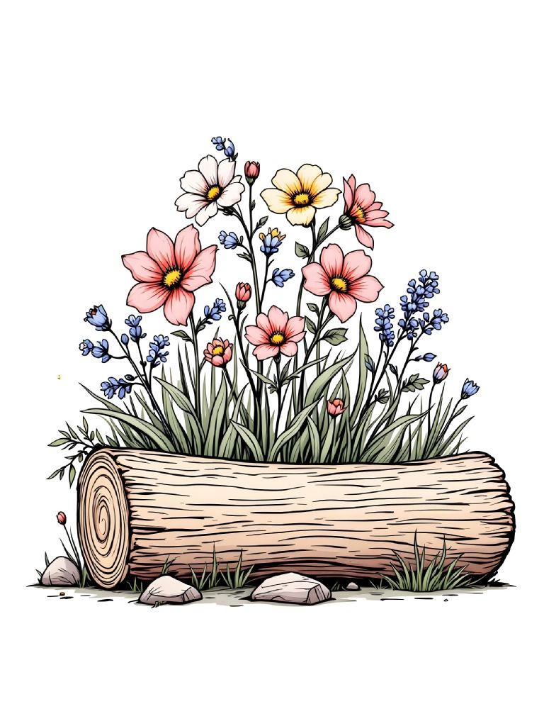 20 Wildflowers on Log Clipart Designs - Rustic Floral Illustrations Bundle for Crafts and Design Projects product image (7)