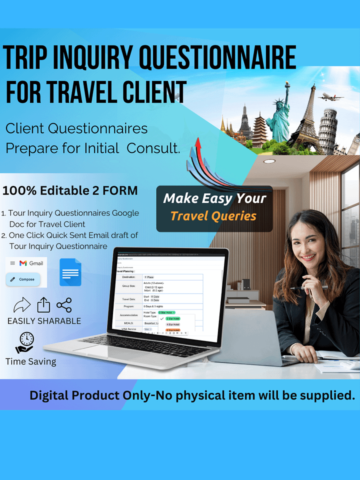Tour Inquiry Questionnaire for Travel Agent Client | Trip Inquiry Questionnaire | Travel Agent Template | Travel Inquiry Form | Travel Agent | Travel Agency | Travel Advisor | Travel Agent Form product image (1)