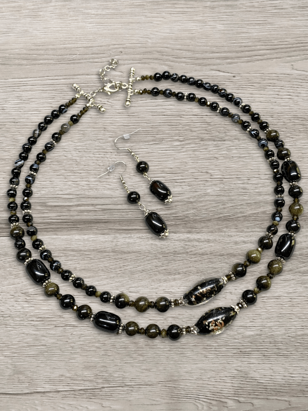 Black Onyx, Golden Sheen Obsidian 2-Strand Beaded Necklace and Earrings product image (3)