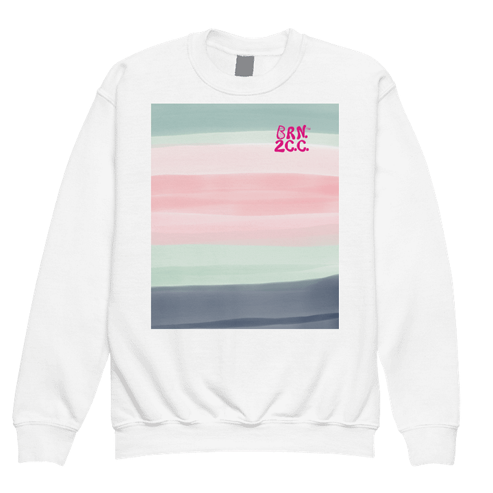 Girls' | Cape Cod Crew | DTG Vintage Print | BRN.2C.C.™ Youth Sweatshirt | BOURNE to Stand Out™ | Pink Logo on White | Horizon Stripes Graphic product image (1)