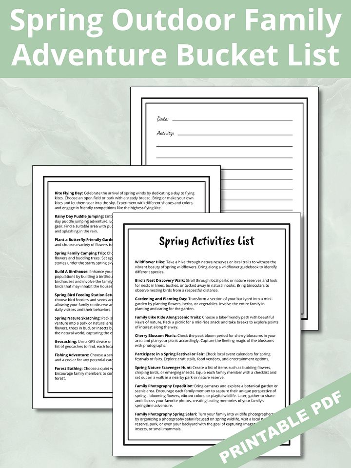Printable Spring Outdoor Adventures Family Bucket List & Activity Log Page product image (1)