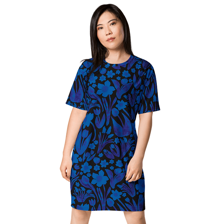 Spring Garden | Royal Blue Florals on Black | T-Shirt Dress by Monique Faella Designs™ product image (1)