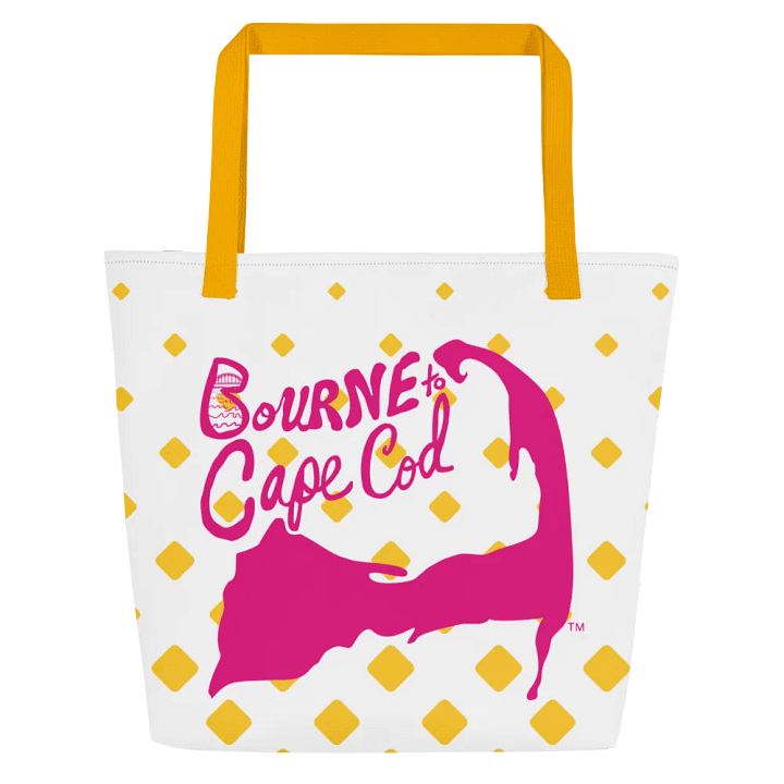 BOURNE to Cape Cod™ | Large Tote Bag with Pocket | Coastal Classic | All-Over Logo Print | Pink Logo | Retro Mod Yellow Diamond product image (2)