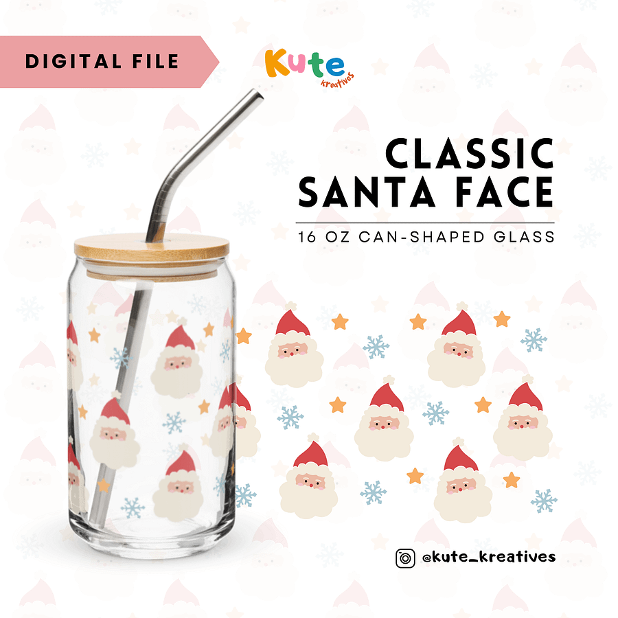 [Digital File] 16oz Can-Shaped Glass Wrap PNG | Classic Santa Face product image (1)