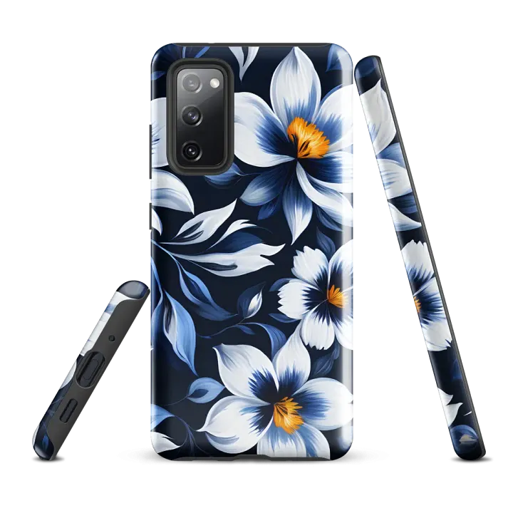 Tough Phone Case for Samsung® - Blue and White Flowers on a Dark Blue Background product image (1)