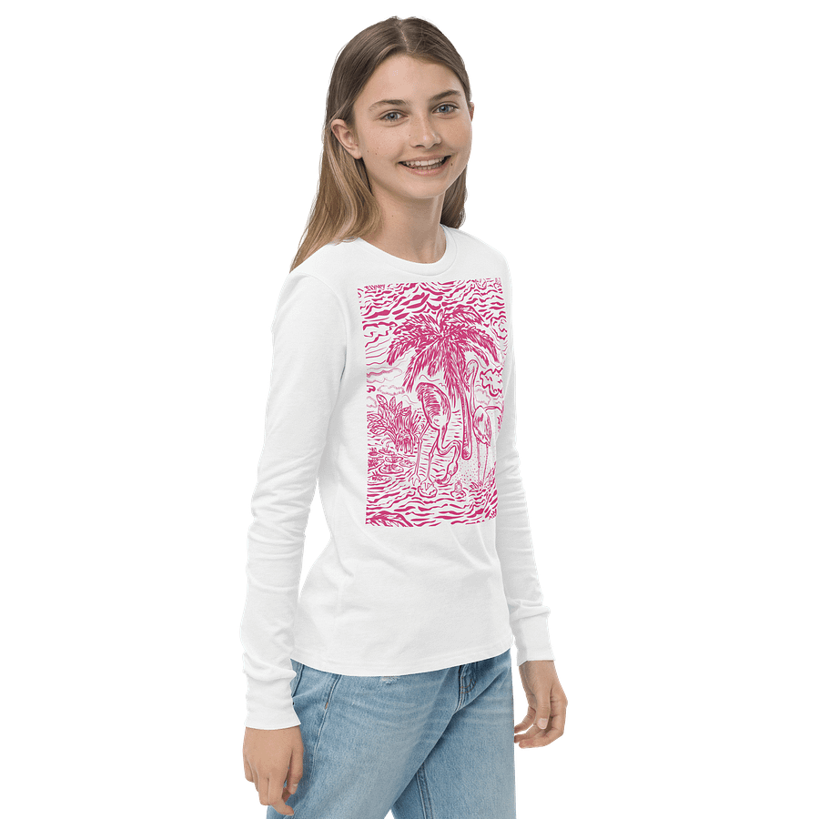 Girls’ | Youth Long Sleeve Tee | DTG Vintage Print | Flamingo Fancy Toile Design | Bright Pink on White |Monique Faella Designs™ | Tropical Whimsy with Coastal Charm product image (4)