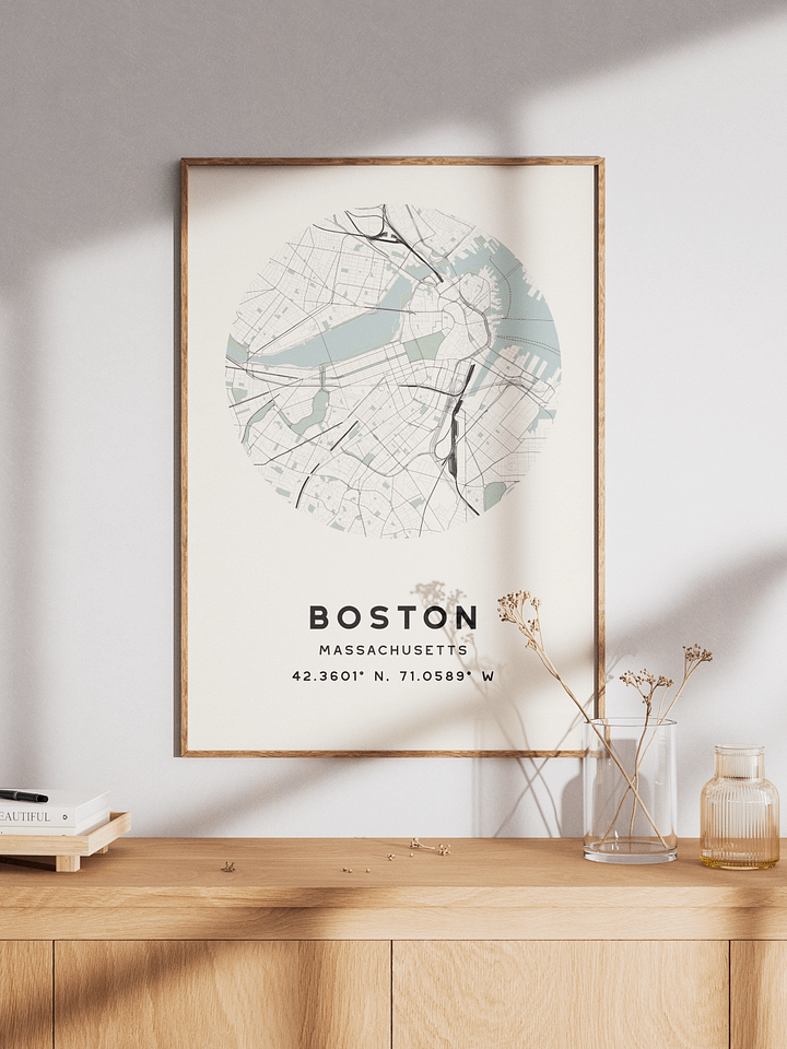 Boston Street Map Poster – Beige Minimalist Circular City Art product image (1)