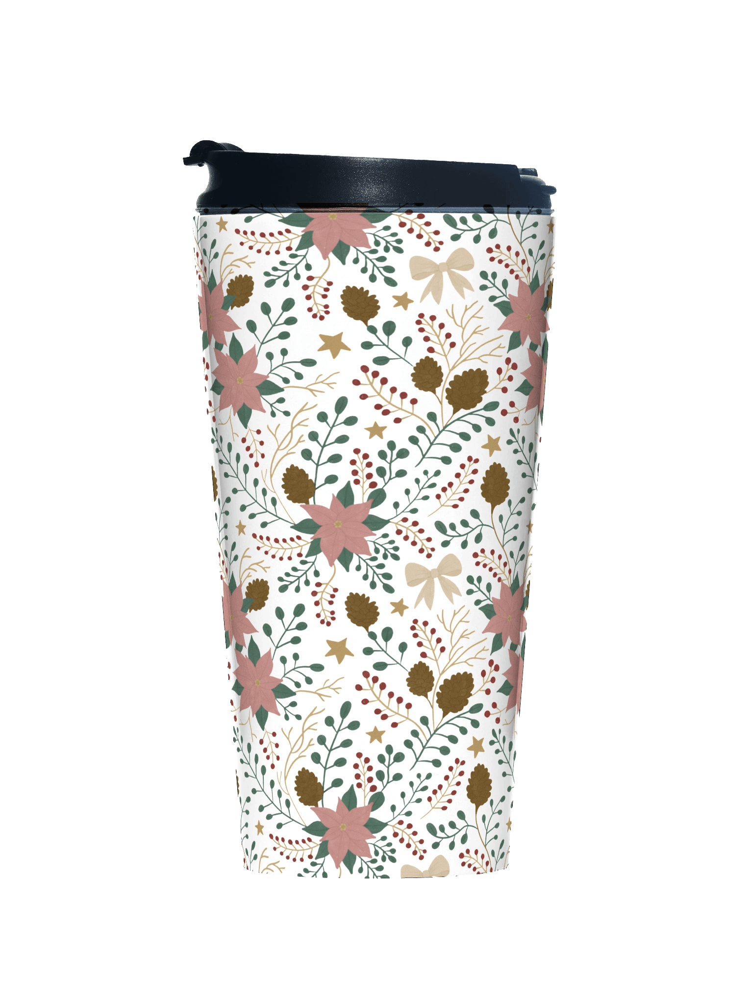 Stainless steel travel mug enchanted forest blooms. Botanical Christmas travel mug with poinsettias and winter florals product image (1)