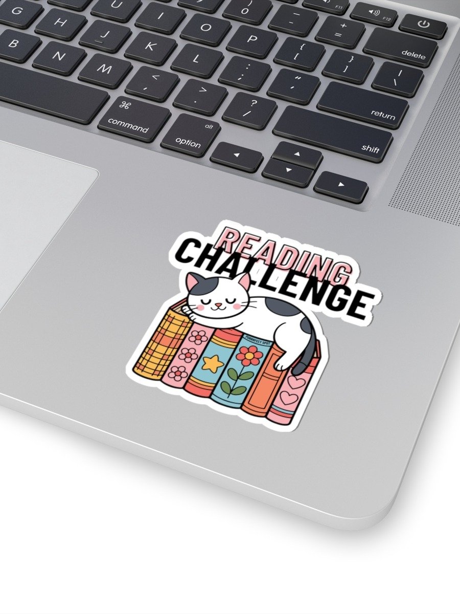 “Reading Challenge” Cat Sticker – Cute Sleeping Cat on Book Stack – Die-Cut Matte Vinyl Sticker for Book Lovers product image (1)