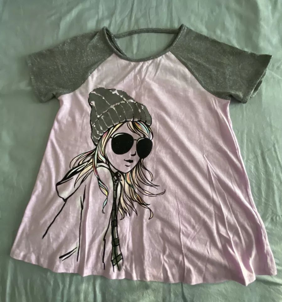 Justice Girls Shirt Sz18/20 sequin hat, glitter sleeves product image (2)