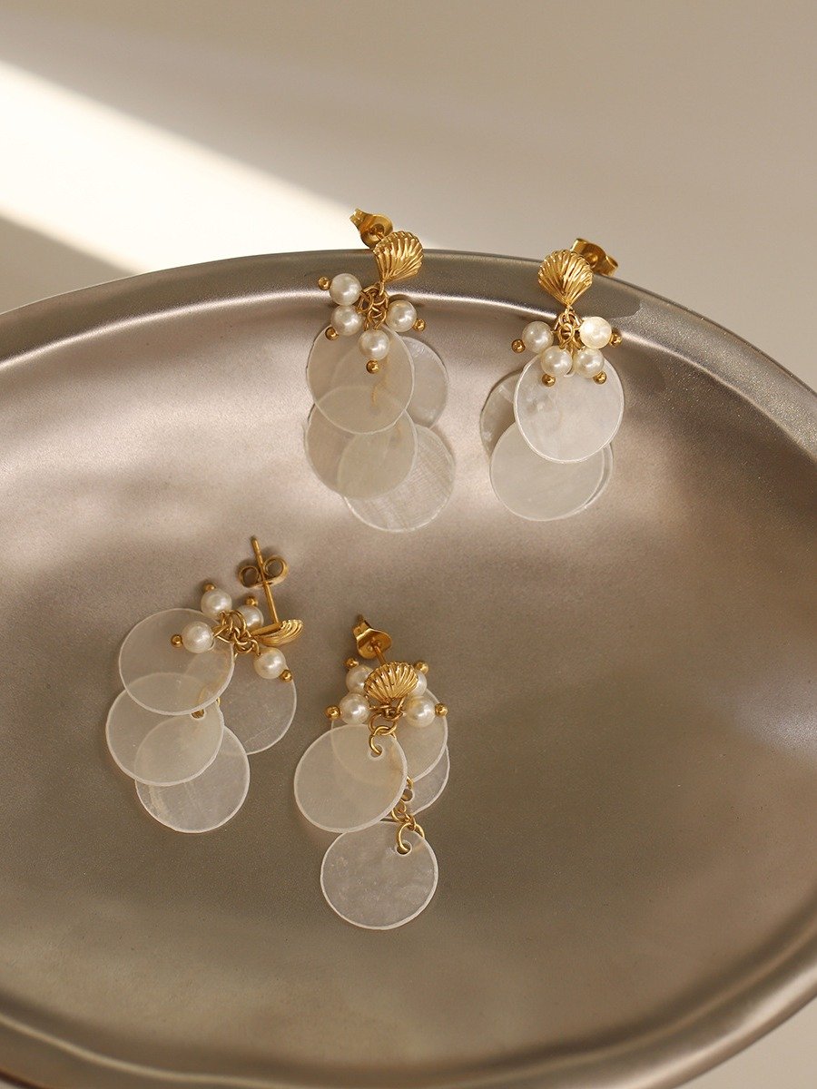 Shell Disc & Pearl Cluster Statement Earrings | 18K Gold Plated product image (6)