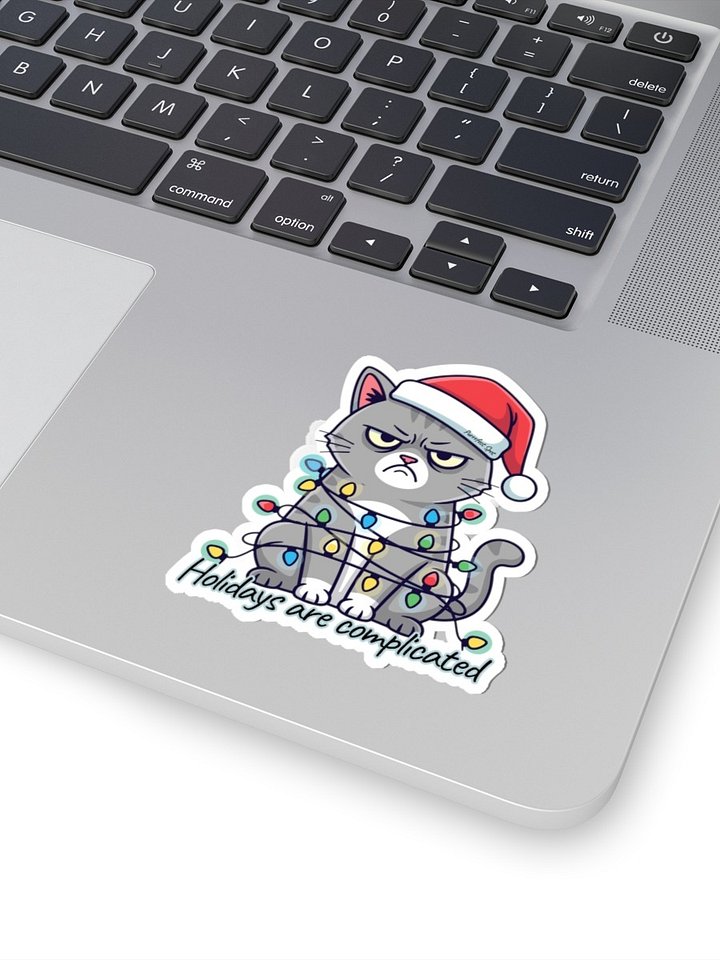 “Holidays Are Complicated” Funny Cat Sticker – Grumpy Cat Tangled in Lights – Die-Cut Matte Vinyl Holiday Sticker product image (1)