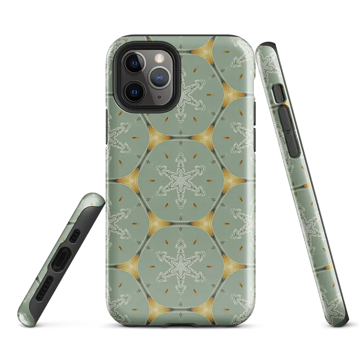 Tough Phone Case for iPhone® - Gold on Green Geometric Honeycomb Snowflakes product image (1)