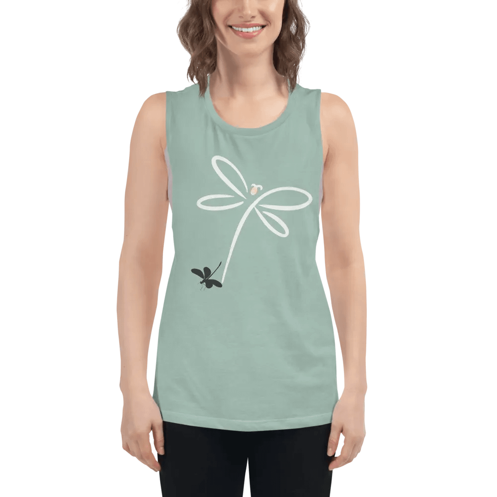 Womens flowy muscle tank top with stylish dragonfly design. Minimilist style product image (5)