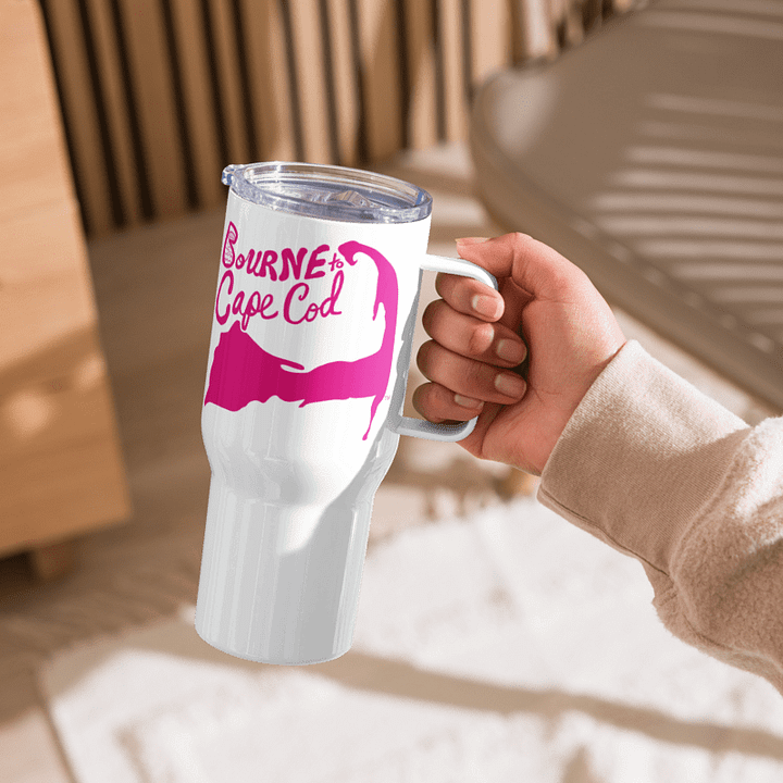 BOURNE to Cape Cod™ | Allcolor 267 | Stainless Steel Travel Mug with Handle | Insulated, Spill-Proof, Coastal Adventure Style | Pink Logo product image (1)
