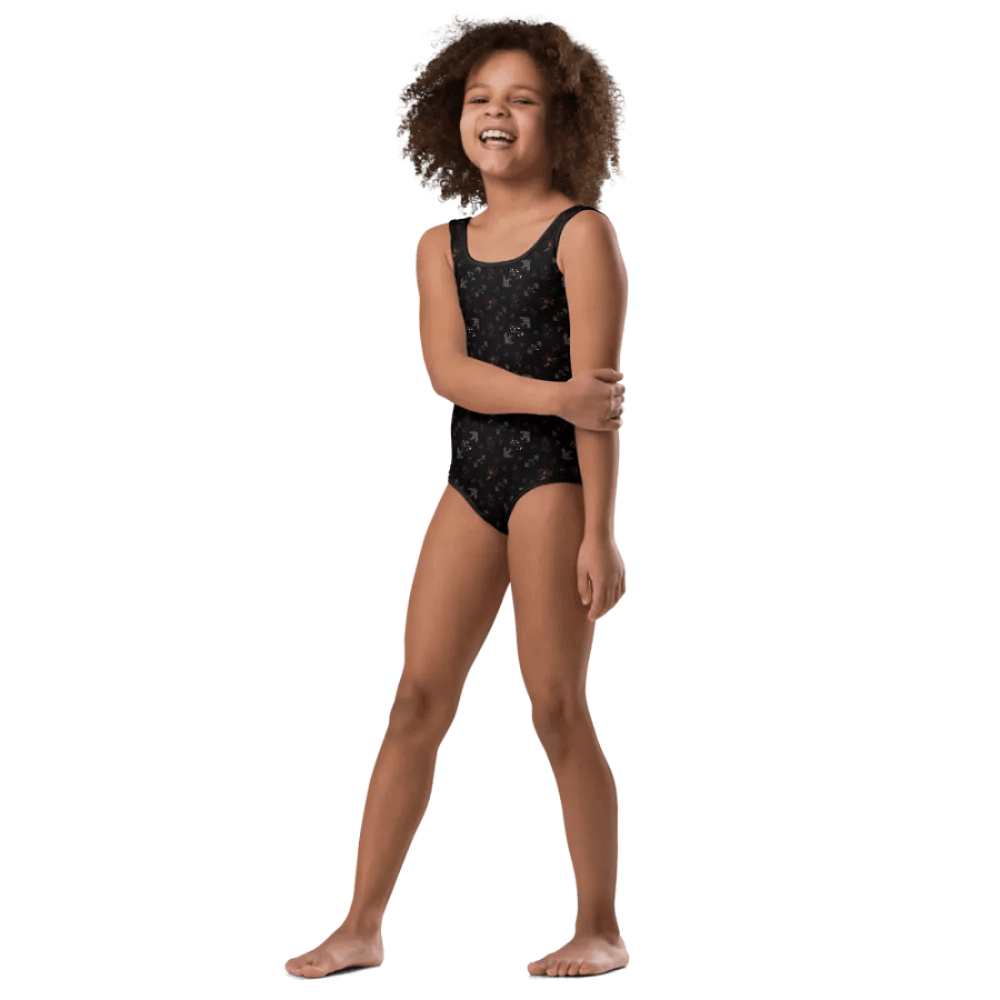 Cute Magenta and White Flowers on Black One-Piece Girls Swimsuit product image (2)