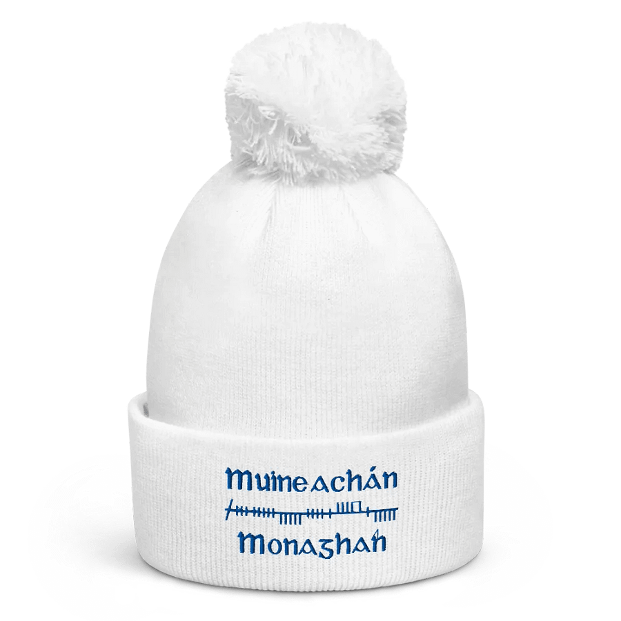 Monaghan/Muineachán Orthodox Ogham, white with blue, embroidered Pom-Pom Beanie product image (1)