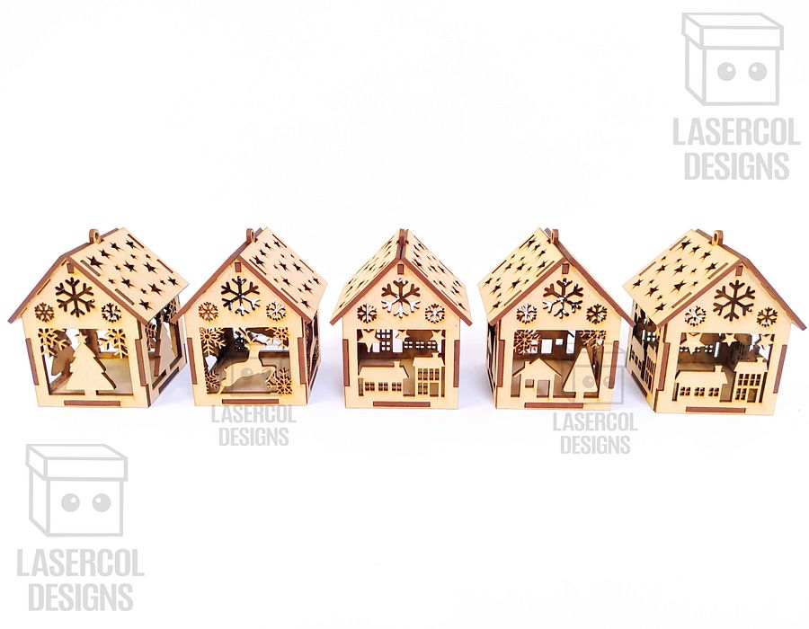 Christmas House Ornaments Set 3 (2 Sizes, 5 Styles) - Laser Cut Files product image (9)