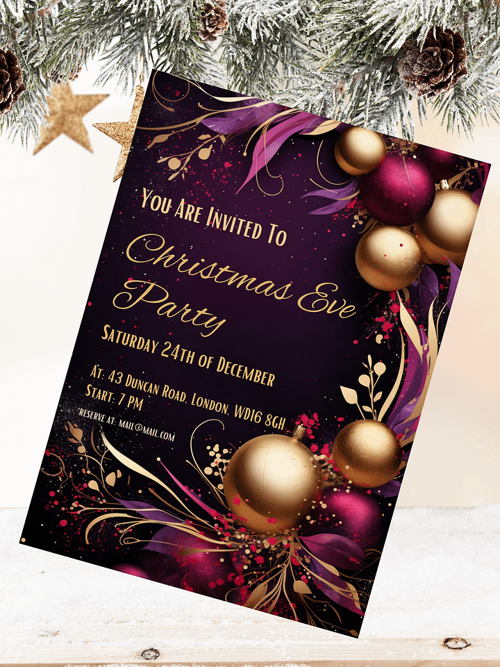 Elegant Purple and Gold Christmas Party Invitation | Editable in Canva | Christmas Party Printable | Holiday Invitation Template | Canva product image (1)