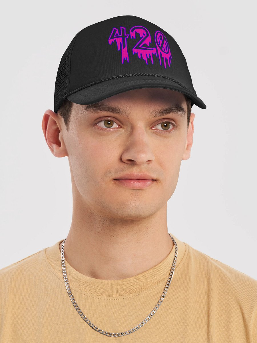 Happy 420 Horror Hot Pink Punk Black Trucker Hat, Creepy Cannabis Cap, Stoner Summertime Beach Goth Fashion, Twisted Dripping Weed Accessory product image (5)