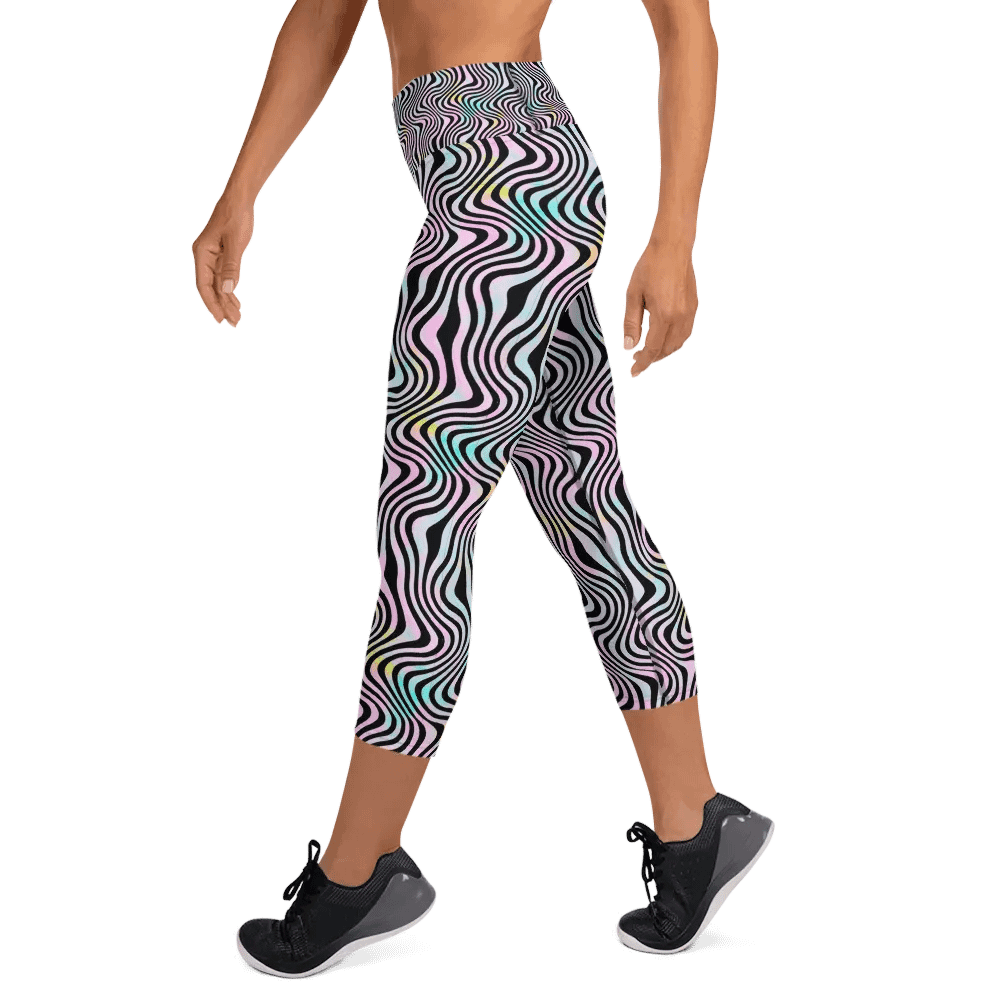 Yoga capri  leggings blue watercolour leafy design on black background product image (9)